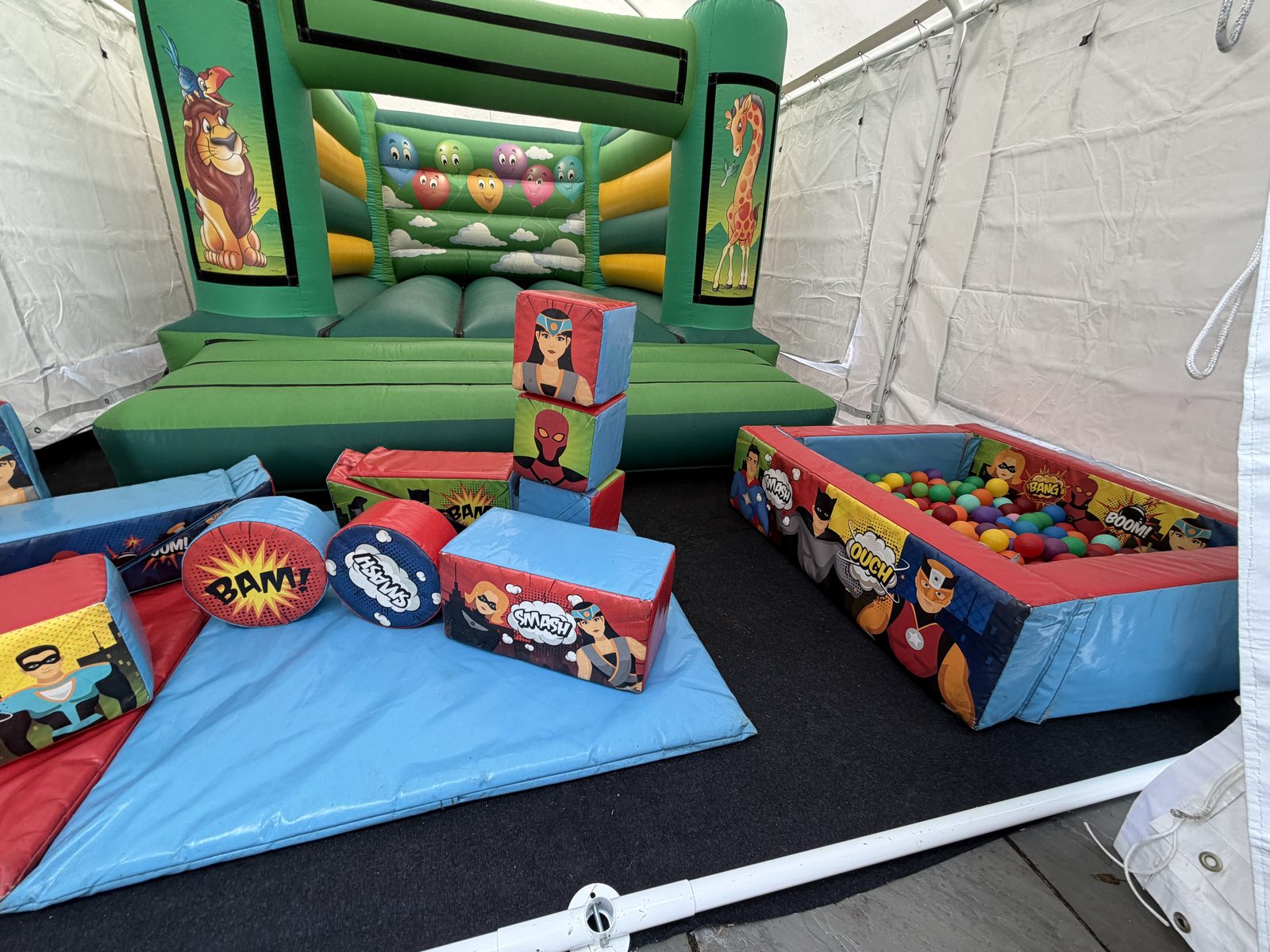 Castle with soft play blocks under the marquee roof, the full package for Redditch parties